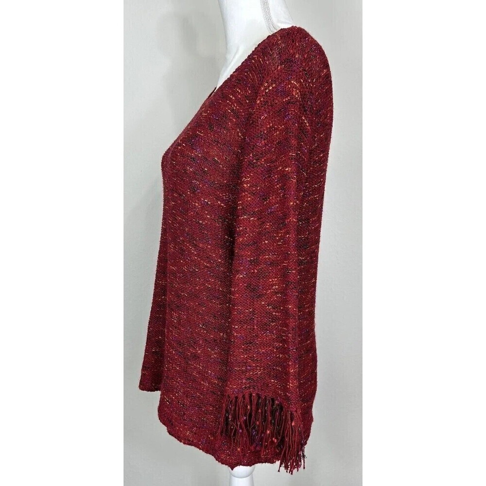Coldwater Creek Dark Red Pullover Sweater Large (14/16) Fringe Cuffs Knit Casual - Picture 5 of 12